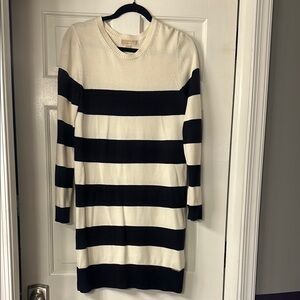 Michael Kors Cream and Navy Long Sleeve Crew Neck Sweater Dress